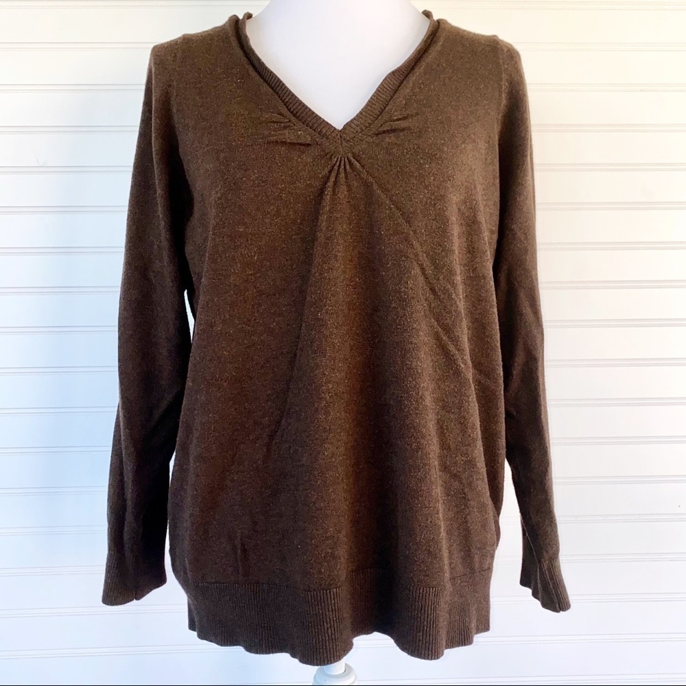Lane Bryant Sweater 14/16 Brown V-Neck Ruched Long Sleeve Pullover